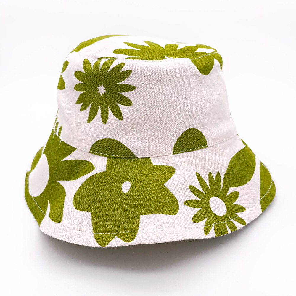 Reversible Linen Bucket Hat - Olive On Cream
