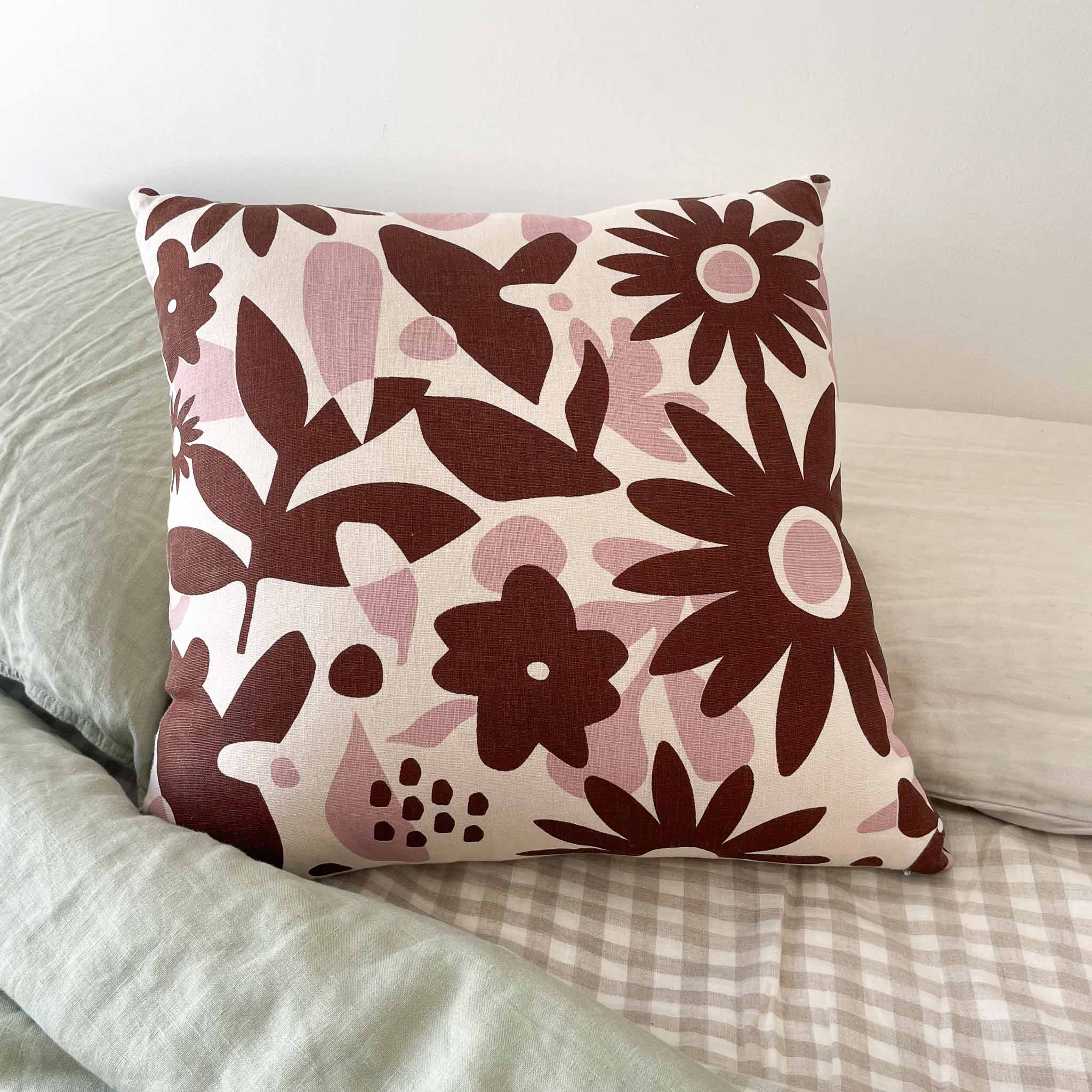 Cushion Cover - Abstract Floral In Dusty Pink and Chocolate