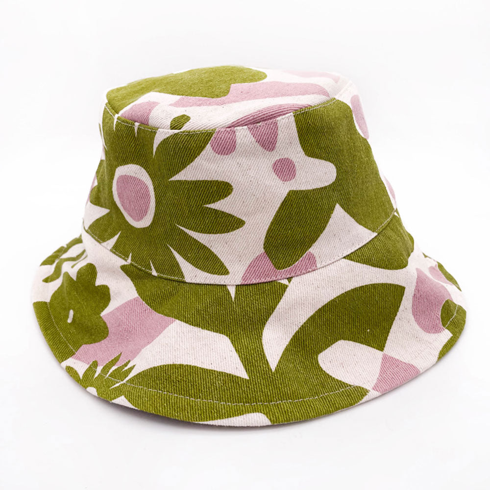 Reversible Denim Bucket Hat - Olive & Dusty Pink