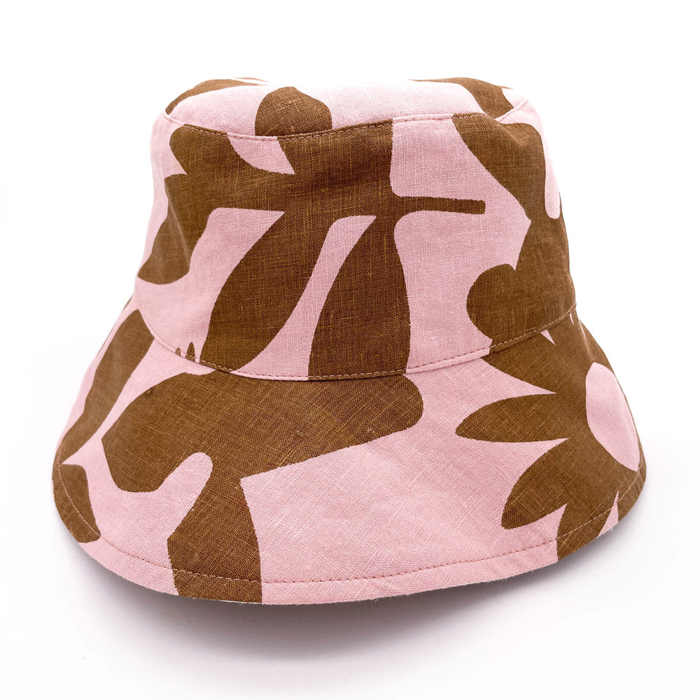 Reversible Linen Bucket Hat - Chocolate Brown On Dusty Pink
