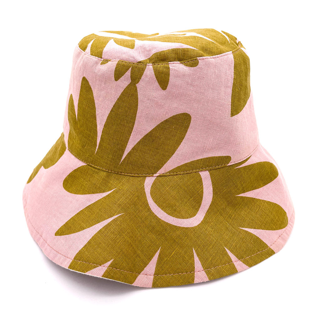 Reversible Linen Bucket Hat - Olive On Dusty Pink