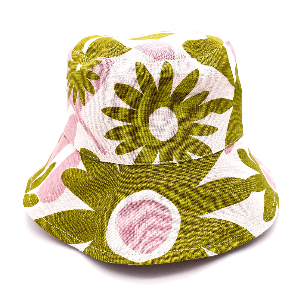 Reversible Linen Bucket Hat - Olive and Dusty Pink On Vanilla