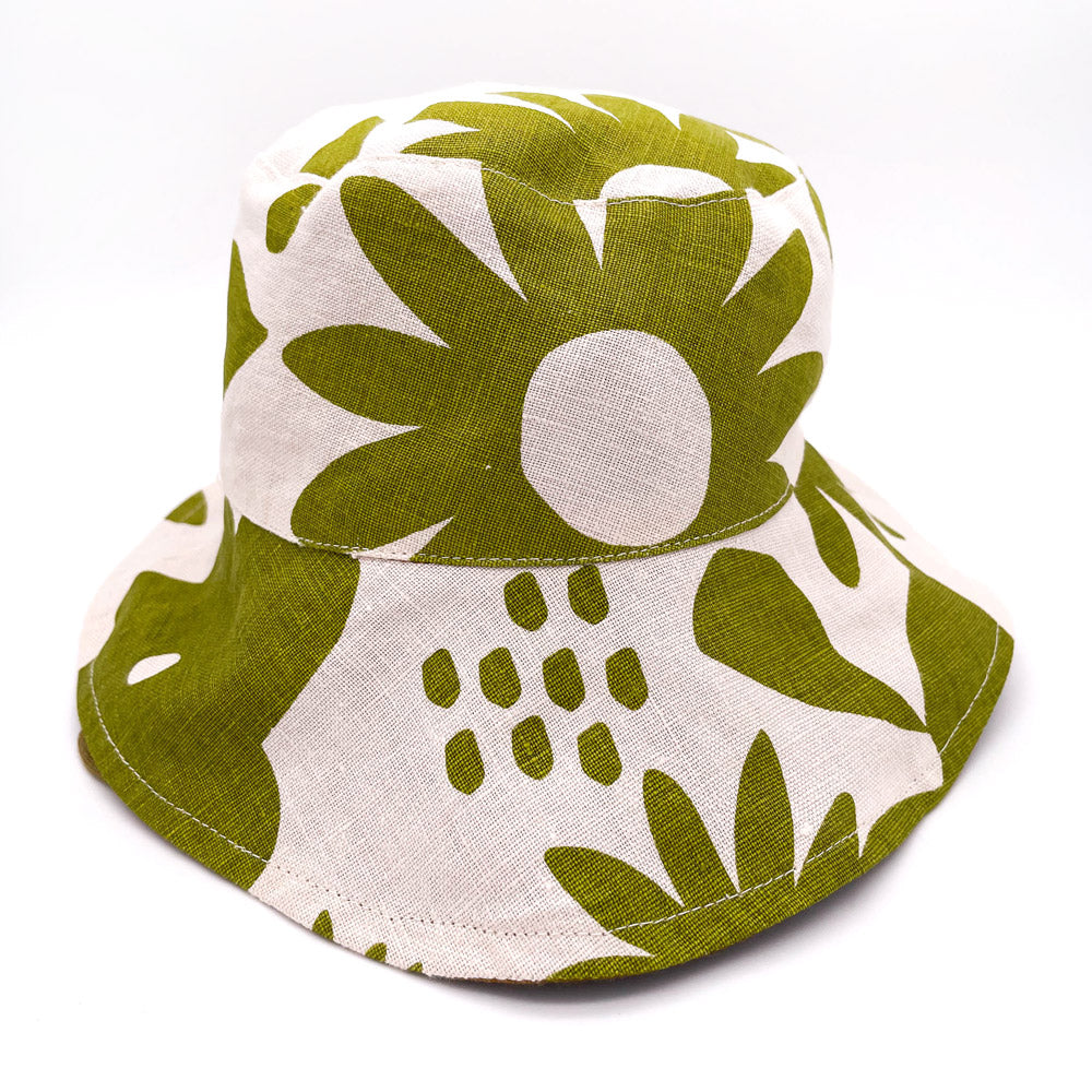 Reversible Linen Bucket Hat - Olive On Vanilla With Ochre On Reverse