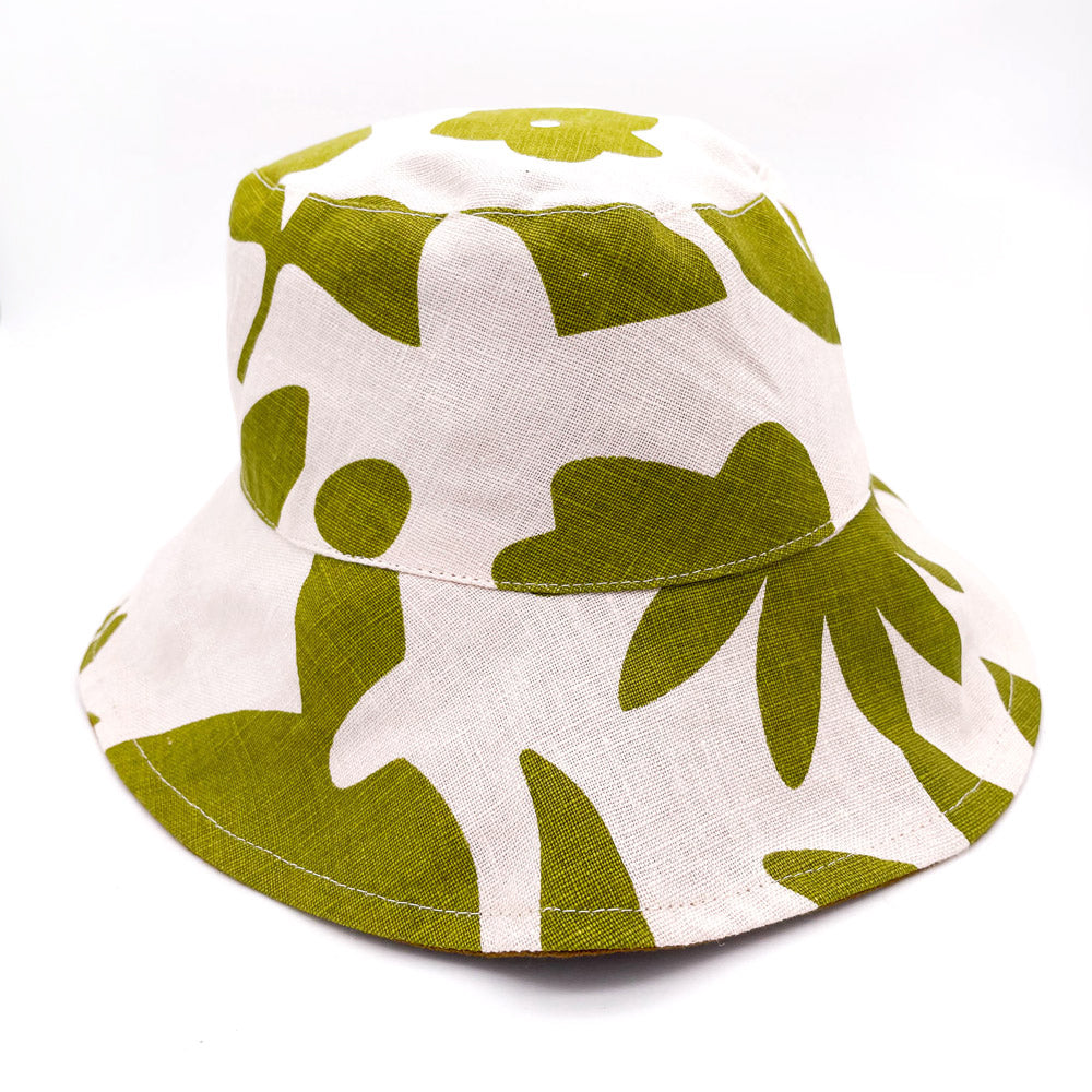 Reversible Linen Bucket Hat - Olive On Vanilla